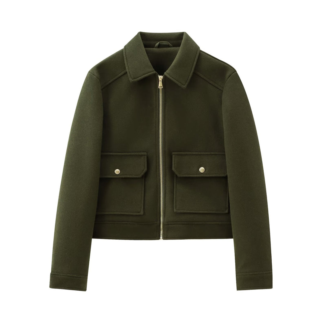 Ladies Short Wool Faux Field Jacket with Full Zipper and Four Flap Pockets Mune Fashion