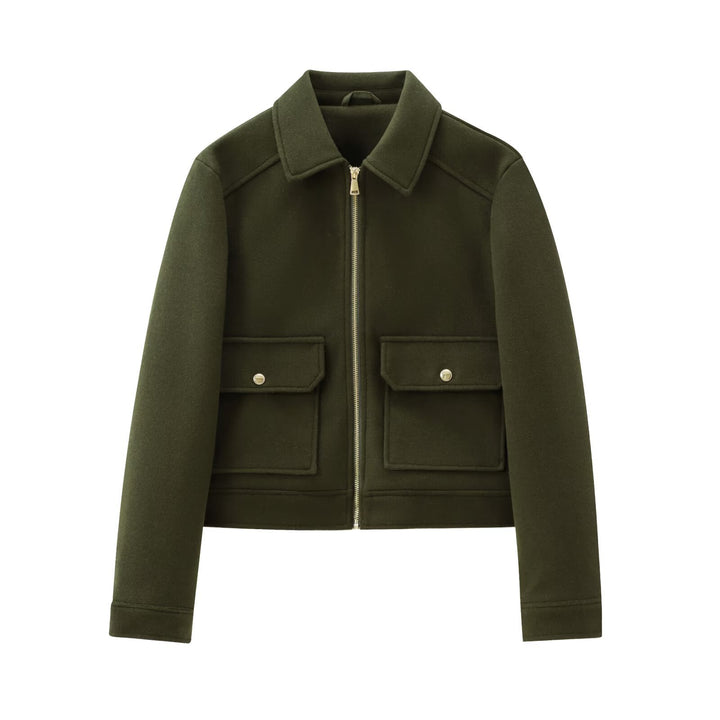 Ladies Short Wool Faux Field Jacket with Full Zipper and Four Flap Pockets Mune Fashion