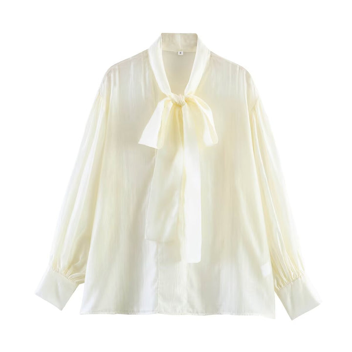 Women's tie blouse made of shiny satin with voluminous balloon sleeves Mune Fashion