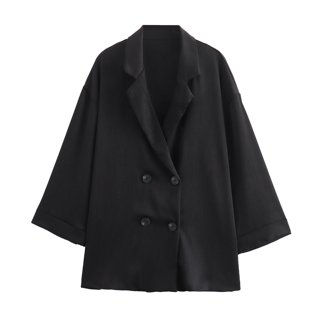 Ladies Oversized Double-Breasted Blazer with Pleated Structure and Three-Quarter Sleeves Mune Fashion