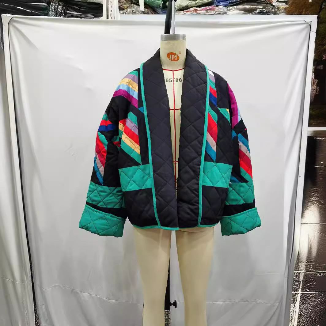 Ladies nan quilted oversized kimono jacket with graphic block print and piping Mune Fashion