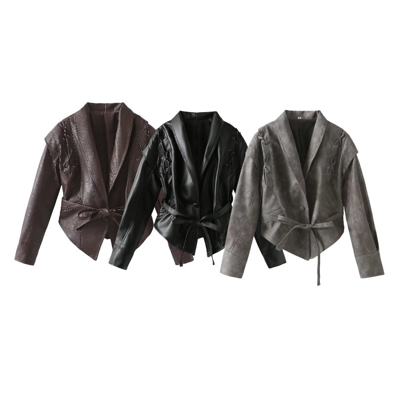 Women's short jacket in suede look with shawl collar, lacing details and waist belt Mune Fashion