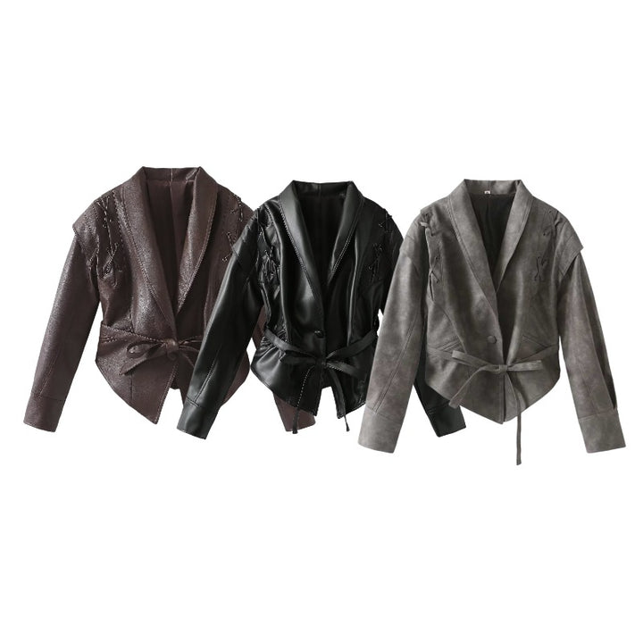 Women's short jacket in suede look with shawl collar, lacing details and waist belt Mune Fashion
