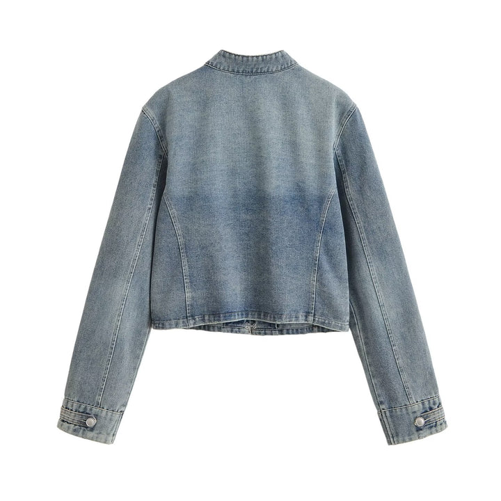 Women's denim jacket in military style with stand-up collar and decorative button plackets Mune Fashion
