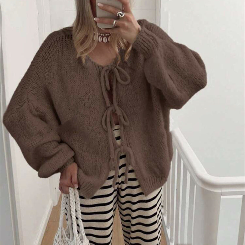 Women's Chunky Knit Open Cardigan with Ties, Oversized Silhouette and Raglan Sleeves Mune Fashion