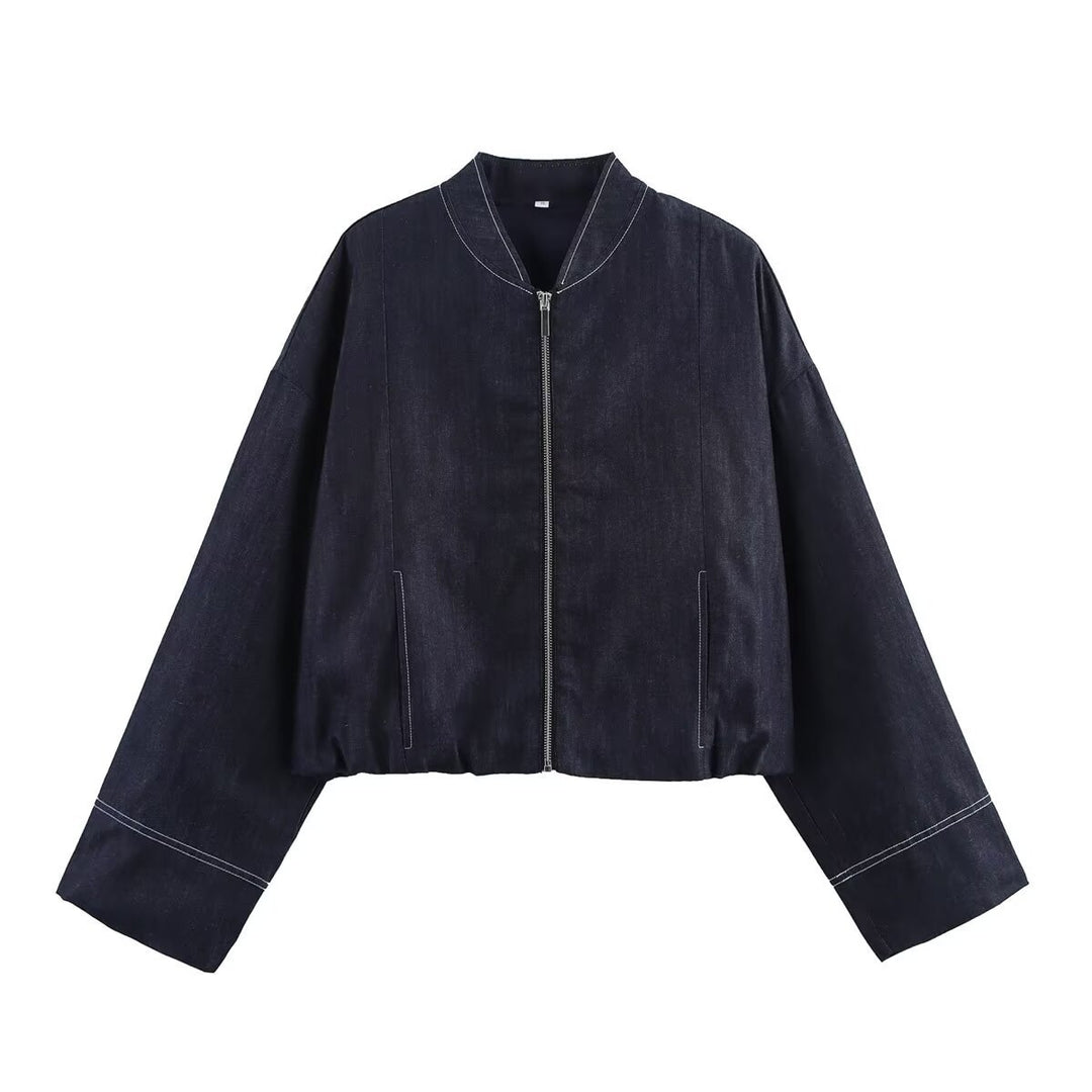 Women Cropped Denim Bomber Jacket with Dropped Shoulders and Contrast Stitch Mune Fashion