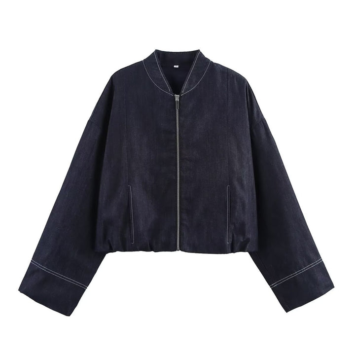Women Cropped Denim Bomber Jacket with Dropped Shoulders and Contrast Stitch Mune Fashion