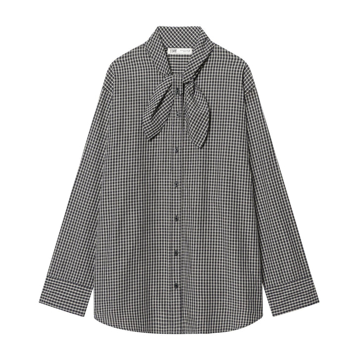 Ladies Checked Blouse Shirt with Bow Collar and Casual Fit Mune Fashion