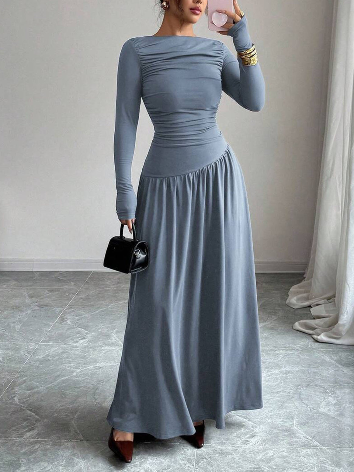 Ladies Maxi Dress with Ruched Bodice, Fitted Waist and Long Sleeve Mune Fashion