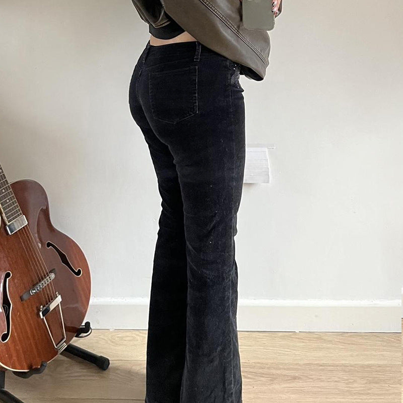 Women’s flared corduroy pants with glitter stripes and floral embroidery, high waistband Mune Fashion