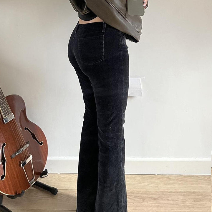 Women’s flared corduroy pants with glitter stripes and floral embroidery, high waistband Mune Fashion