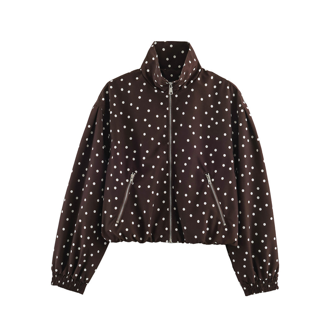 Women Cropped Dotted Bomber Jacket with High Stand Collar, Zipper Pockets, and Elastic Hem Mune Fashion