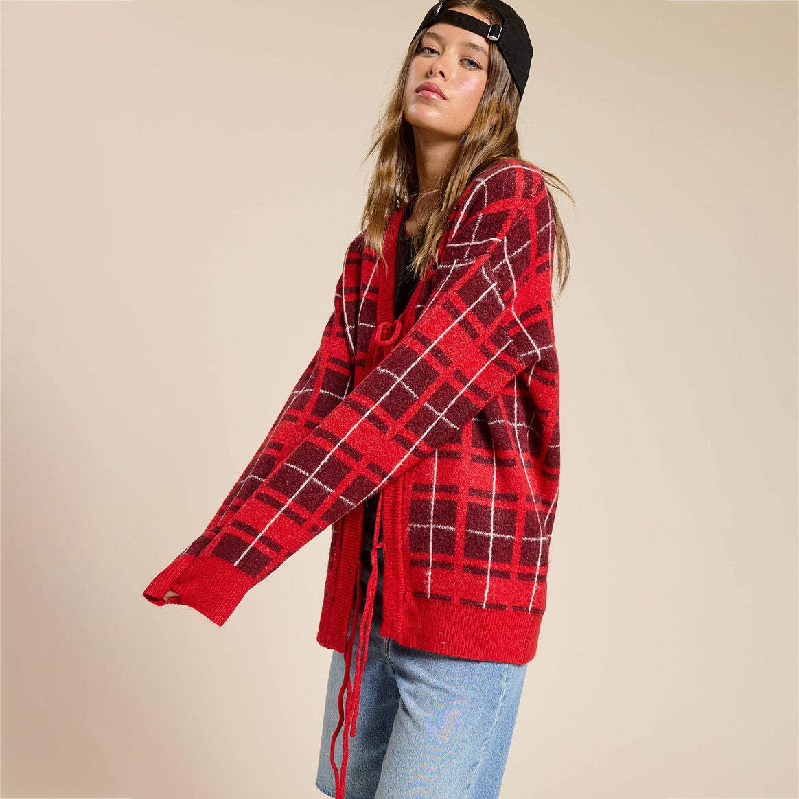 Women's Oversize Checkered Knitted Cardigan with Tie Belt & Patch Pockets Mune Fashion