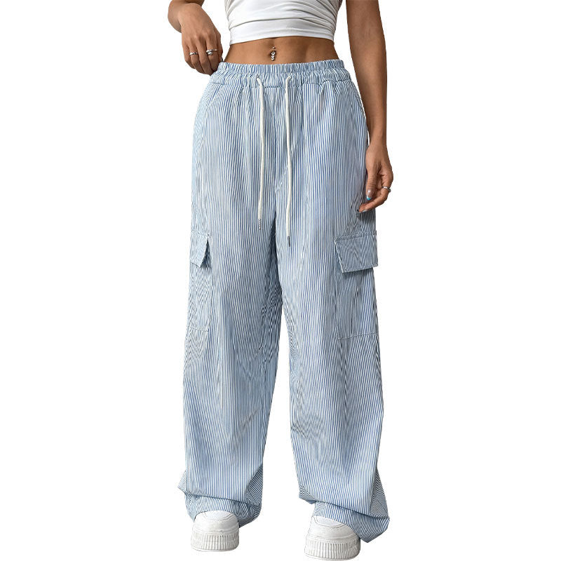 Women's Striped Wide Cargo Pants with High Elastic Waistband and Drawstring Mune Fashion