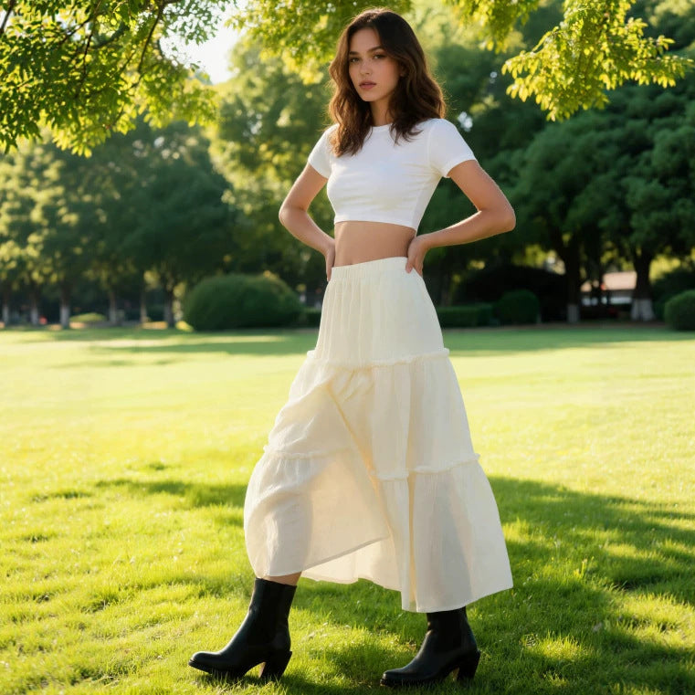 Ladies airy tiered skirt with elastic waistband and transparent chiffon look Drune