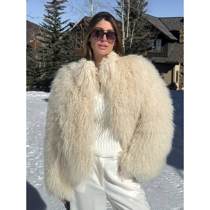 Women's Cozy Short Jacket in Lambskin Look with Curly Long Pile Structure Mune Fashion