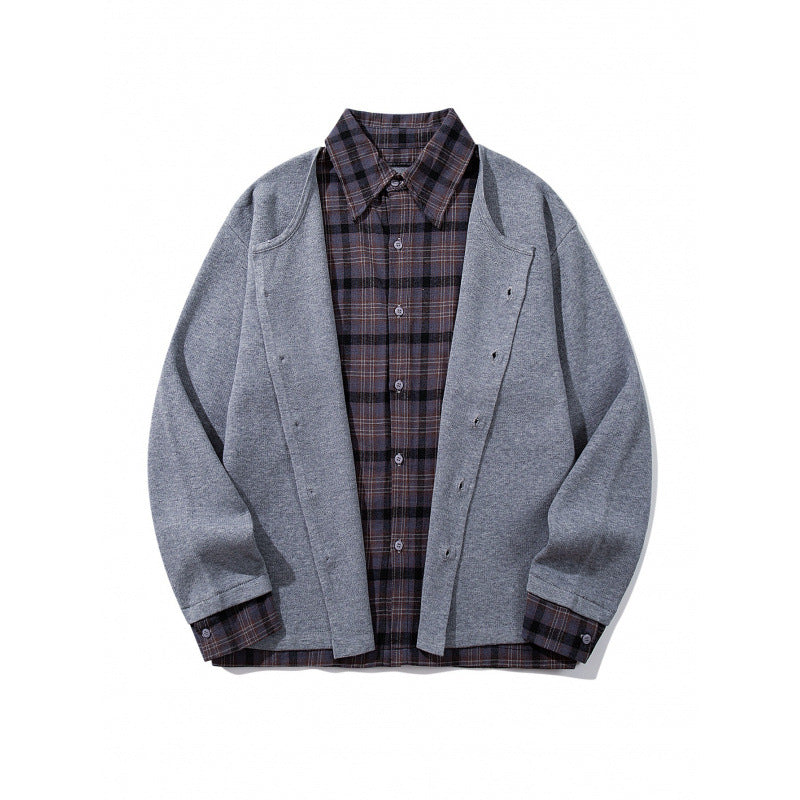 Unisex Layering Set made of checked blouse and open knit cardigan Mune Fashion