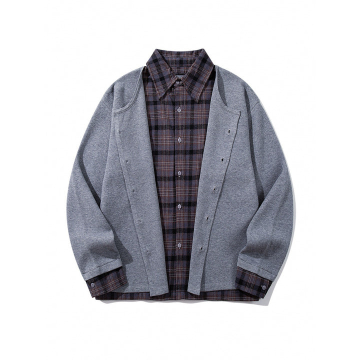 Unisex Layering Set made of checked blouse and open knit cardigan Mune Fashion