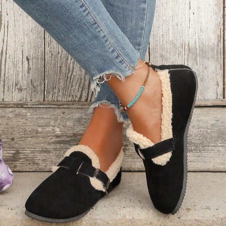 Women Fleece-Lined Suede-Look Slippers with Teddy Collar, Adjustable Buckle Strap and Non-Slip Profile Sole Mune Fashion