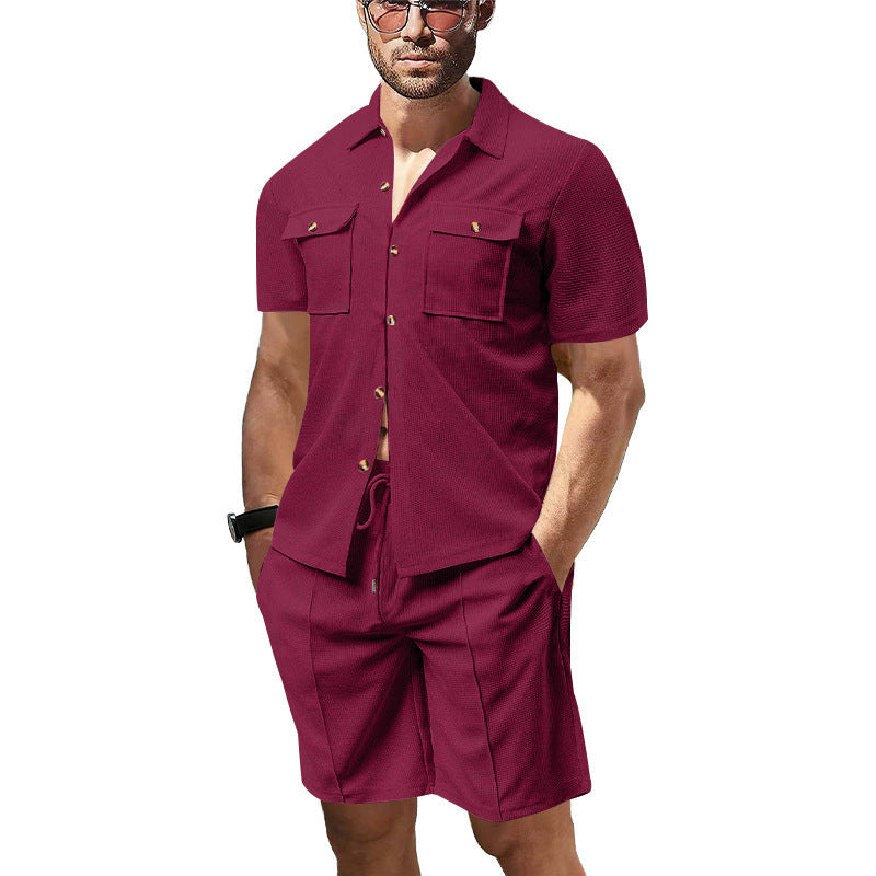 Men's structured short-sleeve shirt and bermuda set made of breathable cotton blend with chest pockets and drawstring Mune Fashion
