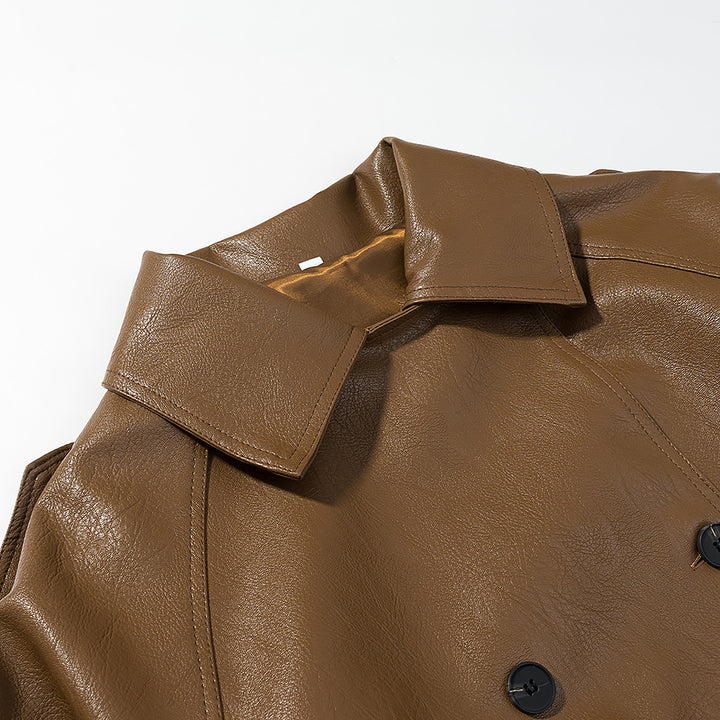 Women's Short Cut Faux Leather Trench Coat with Tie Belt and Shoulder Straps Mune Fashion