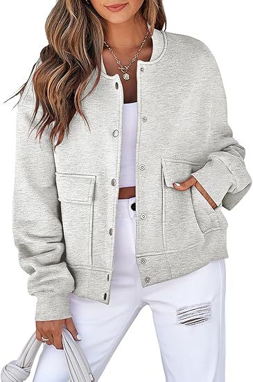Women's casual oversized bomber jacket made of sweatshirt fabric with snap button placket and patch pockets Mune Fashion