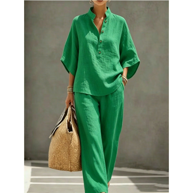 Women's loose linen two-piece with stand-up collar and wide leg Mune Fashion