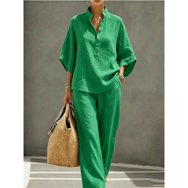 Women's loose linen two-piece with stand-up collar and wide leg Mune Fashion