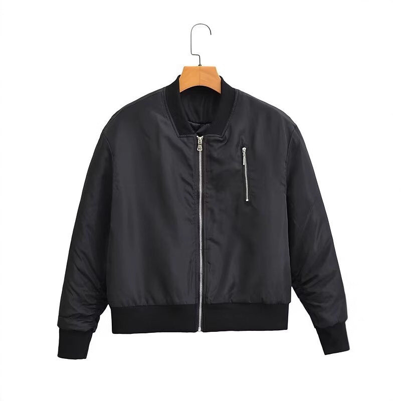 Women short cut nylon bomber jacket with shiny surface, padded lining and metal zipper Mune Fashion