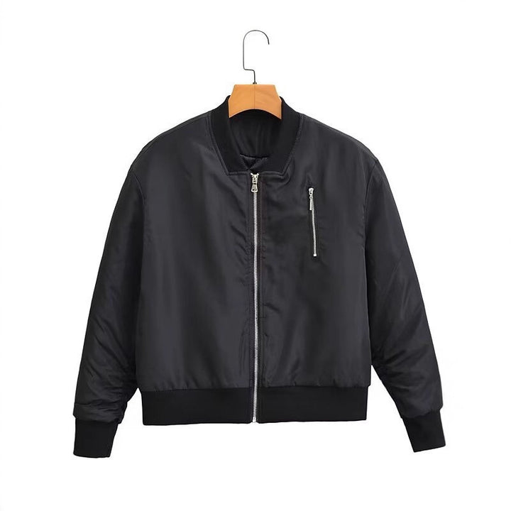 Women short cut nylon bomber jacket with shiny surface, padded lining and metal zipper Mune Fashion