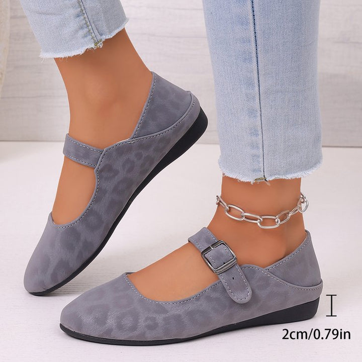 Women's elegant Mary Jane ballerina shoes with adjustable comfort strap, padded insole, and subtle animal print Mune Fashion