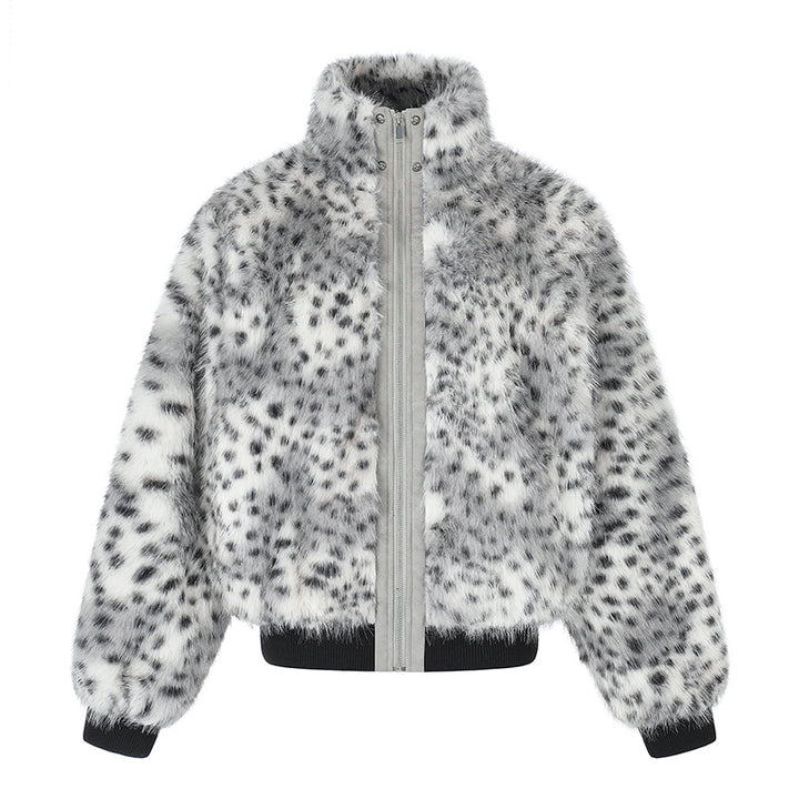 Women's Cropped Faux Fur Bomber Jacket with High Stand-Up Collar, Polka Dot Leopard Pattern, and Ribbed Hem Mune Fashion