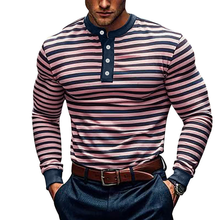 Men's striped long-sleeve Henley shirt with stand-up collar and button placket Mune Fashion