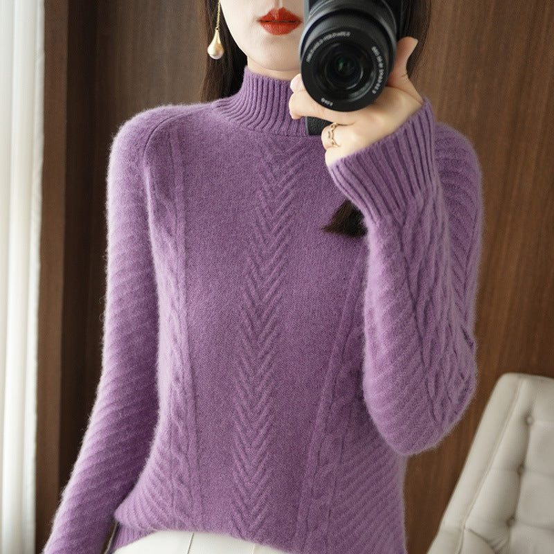 Women Lightweight Mohair-Look Stand Collar Sweater with Cable-Lace and Tailored Silhouette Mune Fashion