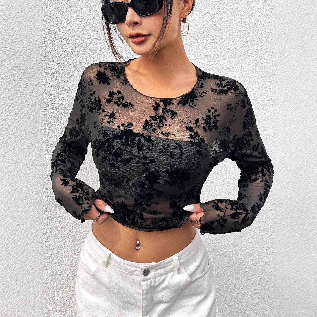 Women's non-cropped mesh top with floral velvet texture and gathered hem Mune Fashion