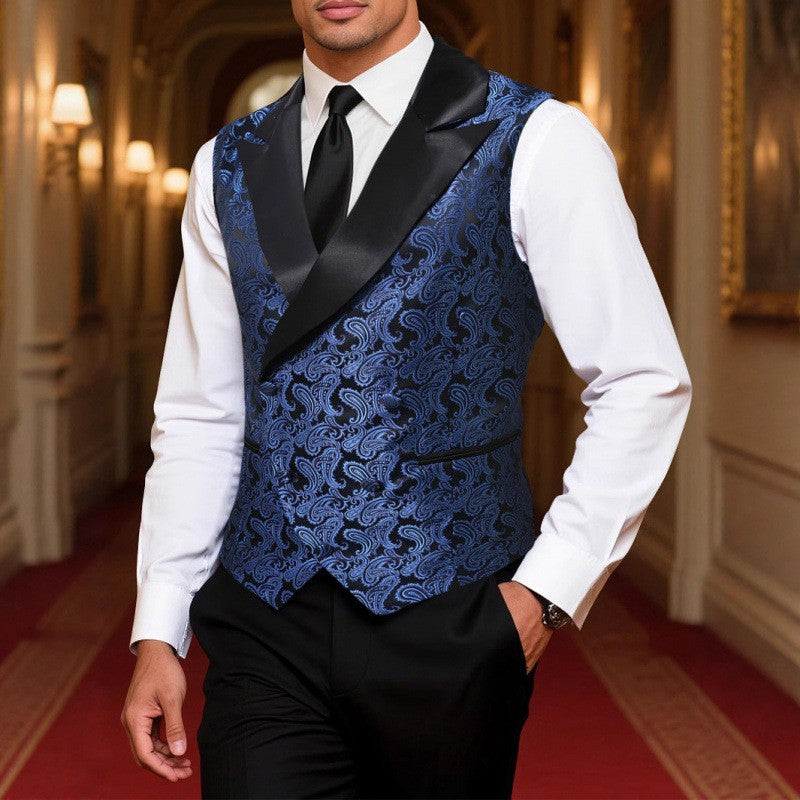 Men's Satin Paisley Vest with Shawl Collar and Tailored Tuxedo Look Mune Fashion