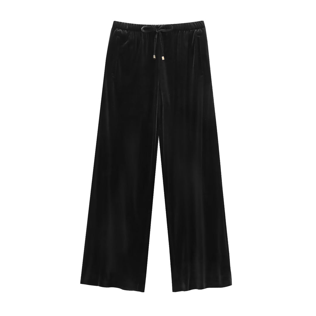 Ladies Wide Velvet Palazzo Pants with Elastic Tunnel Drawstring and Insert Pockets Mune Fashion