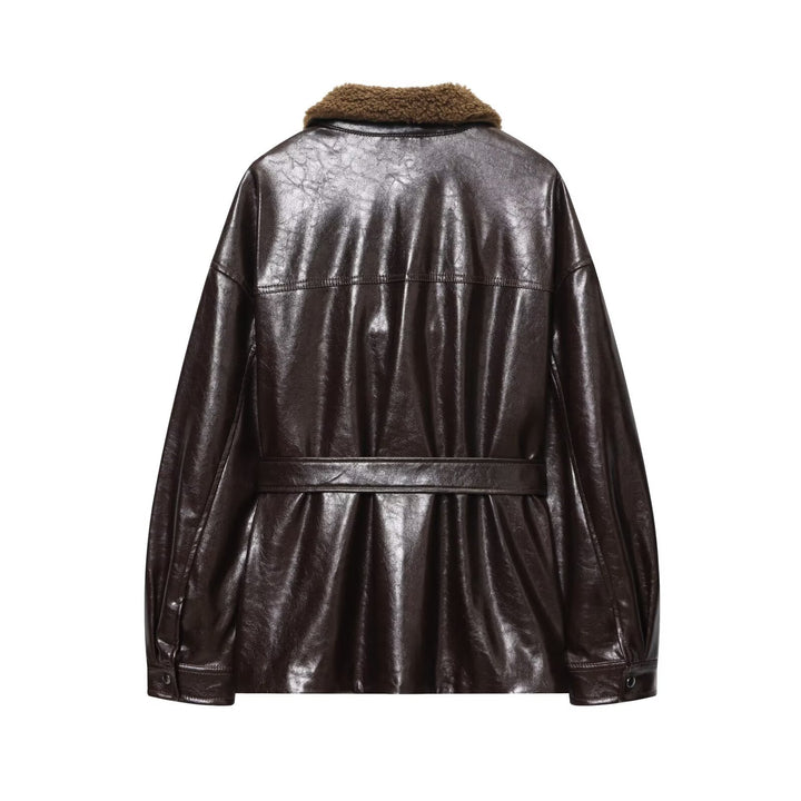 Women's Oversized Faux Leather Jacket with Teddy Collar and Waist Belt Mune Fashion