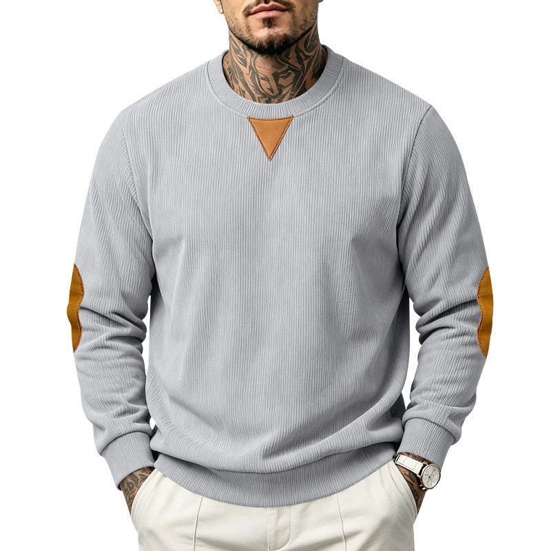 Men's Ribbed Sweatshirt with Leather Look Elbow Patches and Triangle Applique Mune Fashion