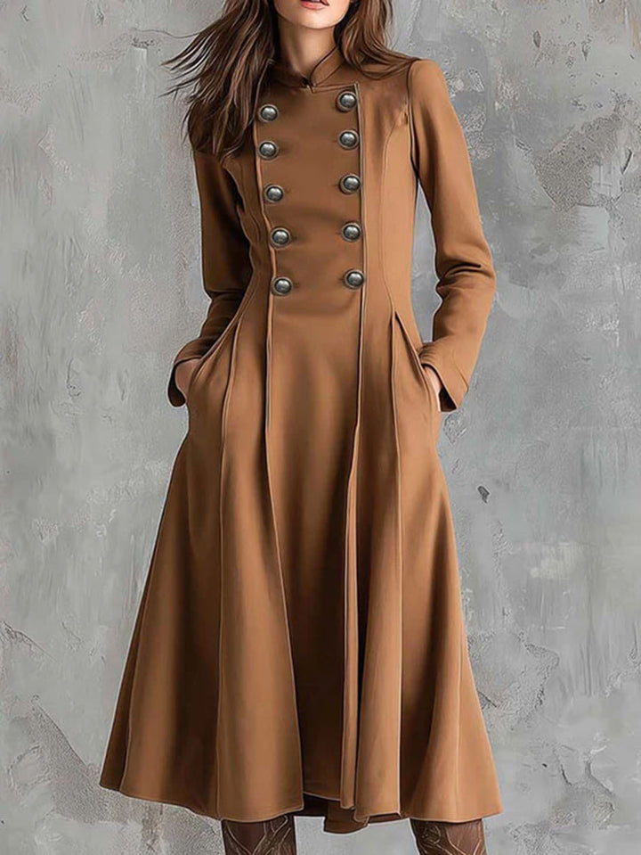 Women tailored coat dress with double-breasted button placket and flared skirt Mune Fashion
