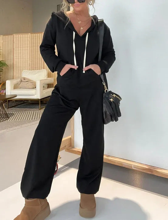 Women Casual Hooded Jumpsuit with Wide Leg and Kangaroo Pocket Mune Fashion