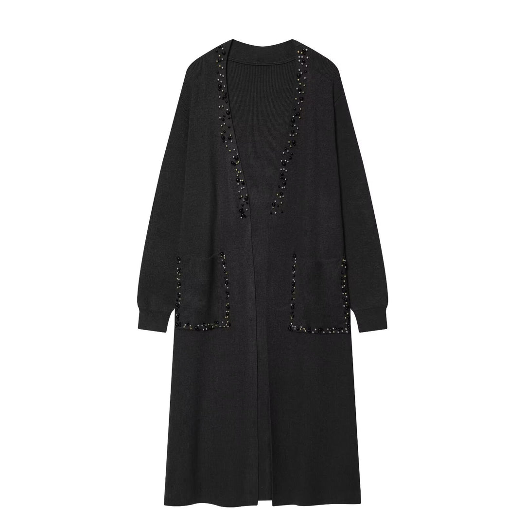 Ladies long knitted cardigan with pearl detailing Mune Fashion