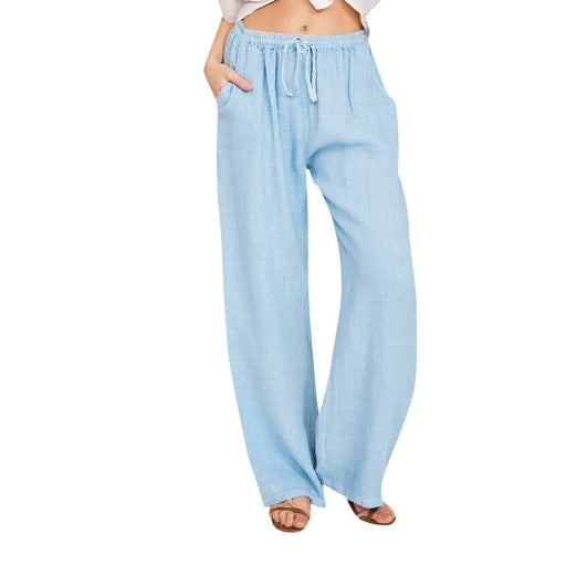 Women's relaxed linen pants with elastic waistband, drawstring, and side pockets Mune Fashion