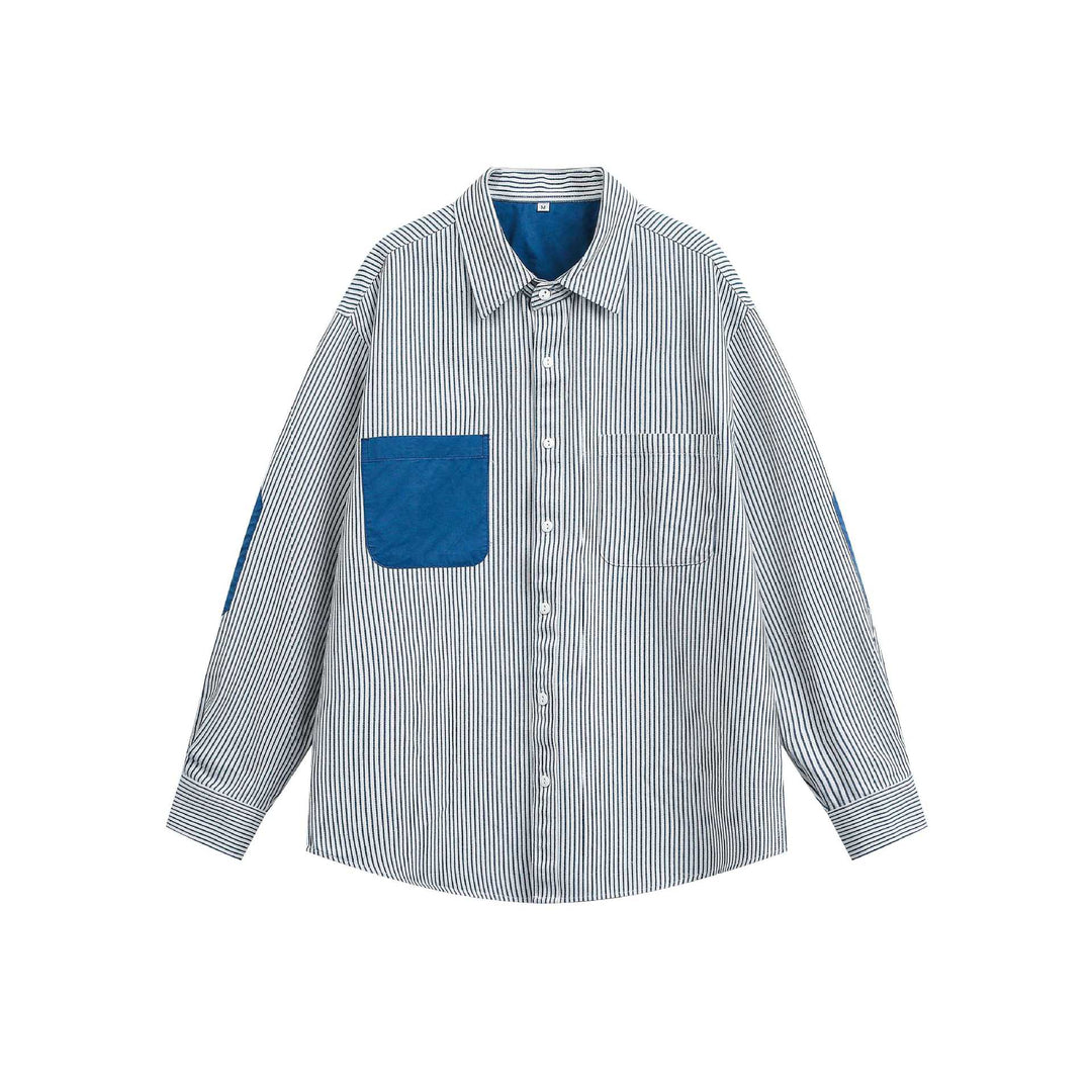 Unisex Oversize Stripe Shirt with Contrasted Chest Pocket and Kent Collar Mune Fashion