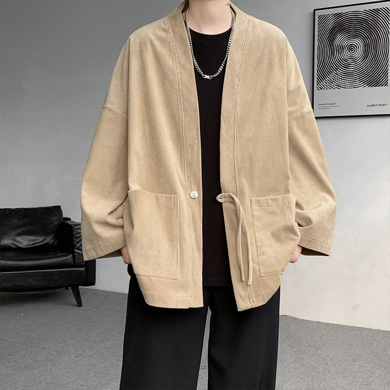 Men's oversized cord kimono cardigan with drawstring, patch pockets and drop sleeves Mune Fashion