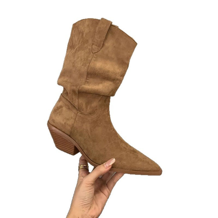 Ladies Slouchy Western Ankle Boots with pointed toe shape and sculpted block heel Mune Fashion