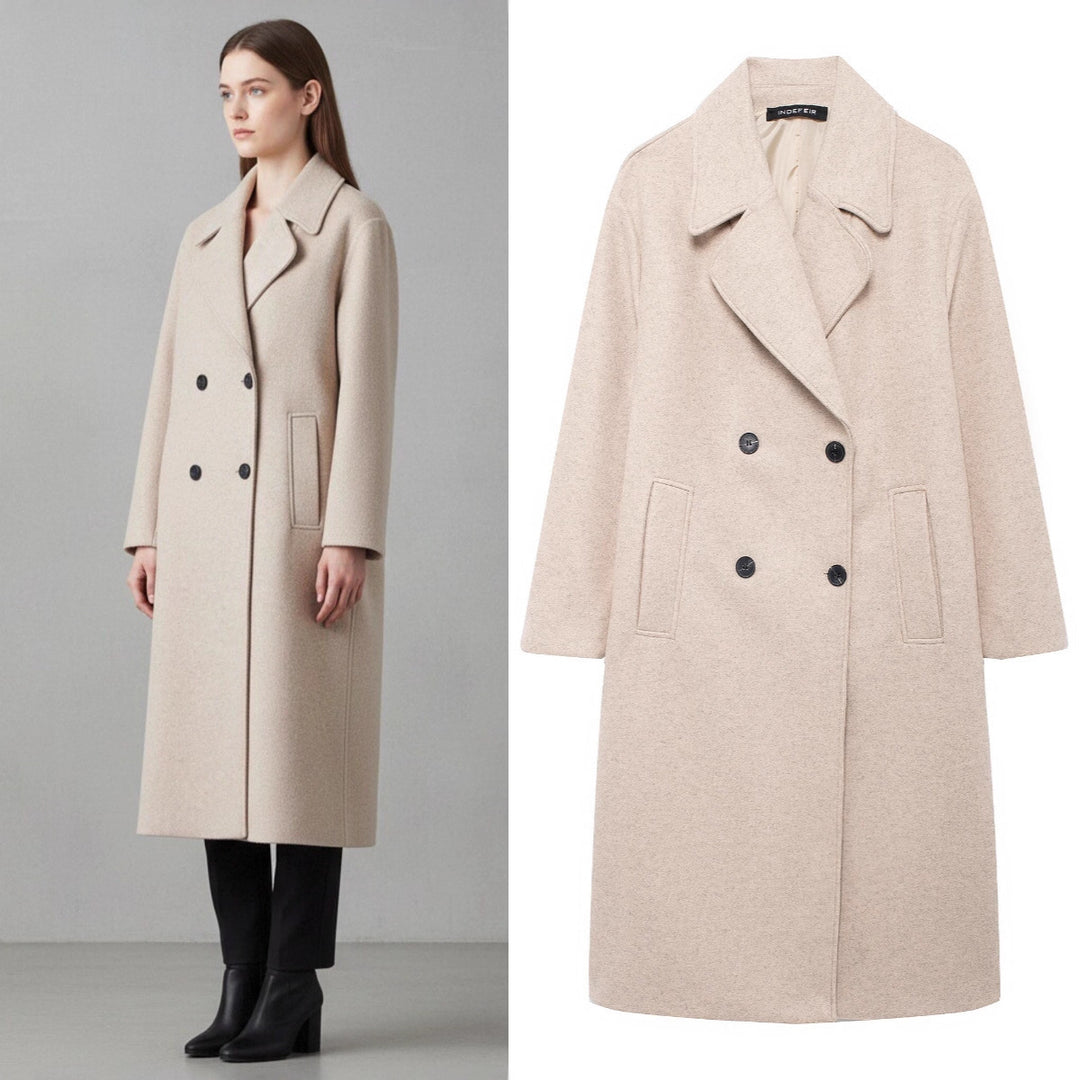 Women's Double-Breasted Wool Blend Coat with Oversized Cut and Lapel Collar Mune Fashion