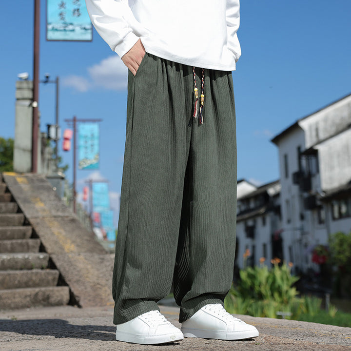 Men's loose-fitting corduroy relax pants with elastic waistband and decorative cord Mune Fashion
