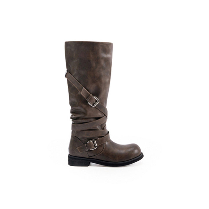 Women's Knee-High Biker Boots in Leather-Look with Adjustable Buckles Mune Fashion
