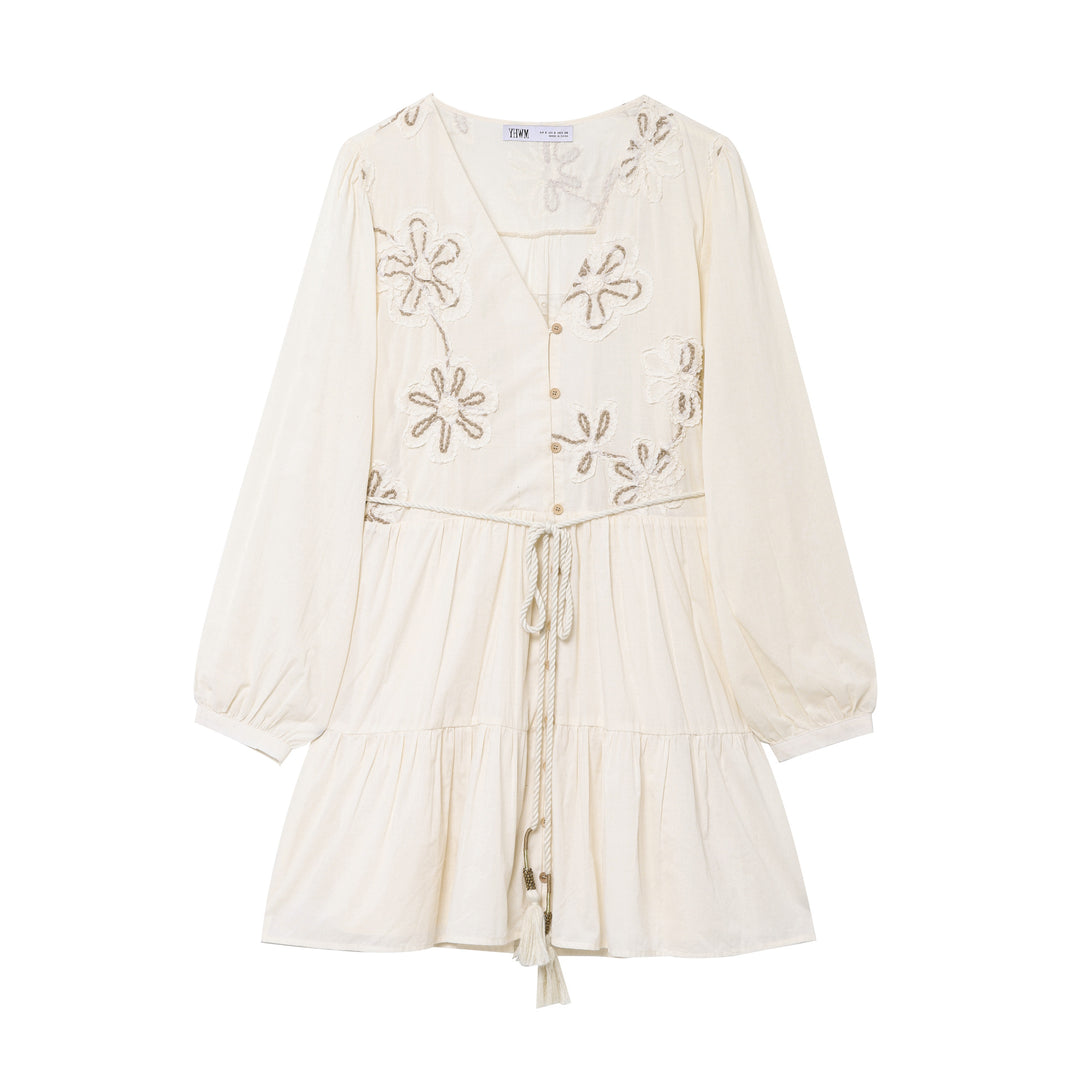 Ladies Embroidered Boho Dress with V-Neck, Drawstring and Tiered Skirt Mune Fashion